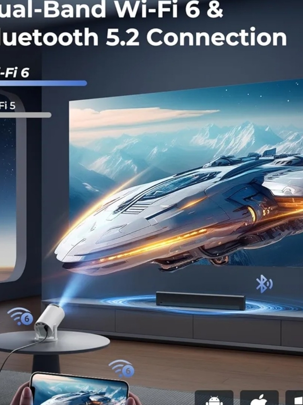 Mini Projector WiFi Bluetooth Built-In Apps 180° Rotating Auto Keystone - Picture 5 of 7